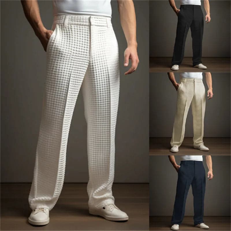 Men's Casual Vacation Straight Pants Business Formal Solid Color Knitted Trousers with Slant Pockets