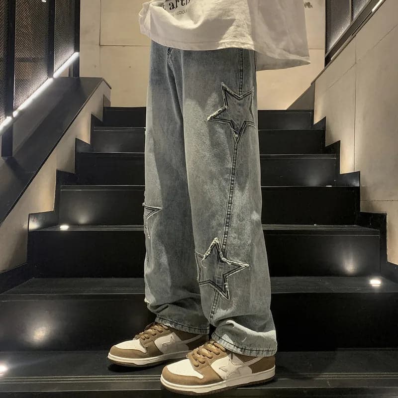 -style Street Star-patch Jeans Men's Wear Puppies Handsome Loose Straight-leg Teenager Hip-hop Wide-leg Torre Pants