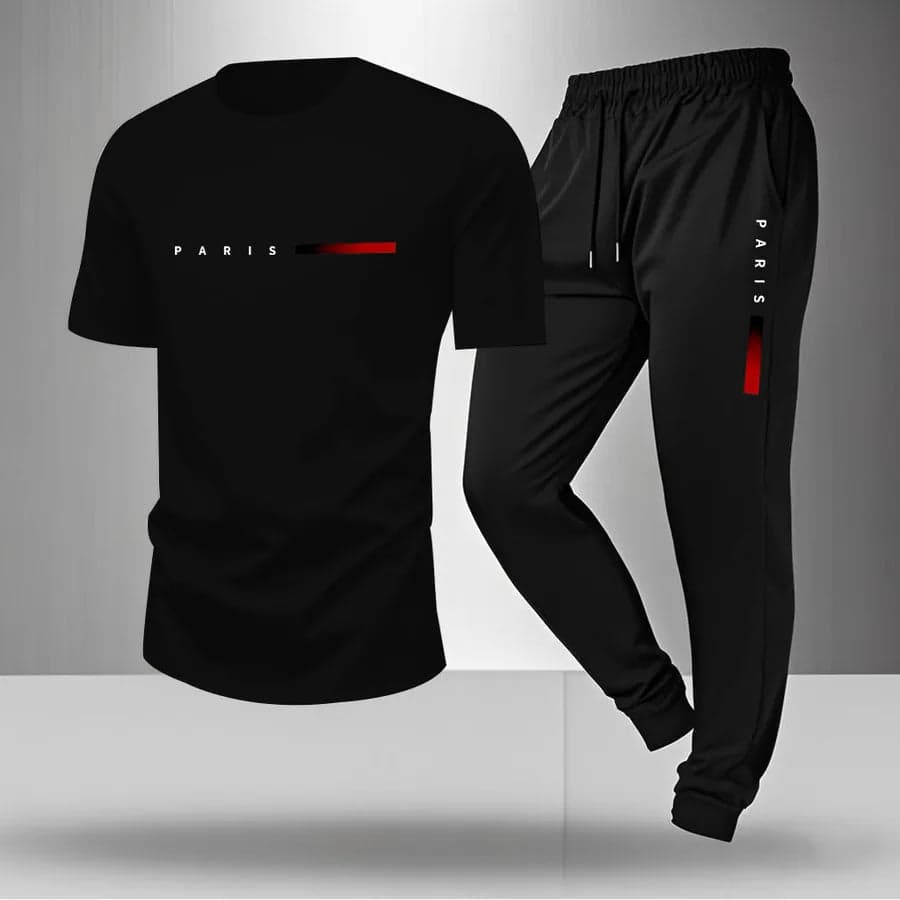 Men's Summer Outdoor Sports Casual Breathable Two-Piece Set Cotton Polyester Blend Short Sleeve Long Pants T-Shirt