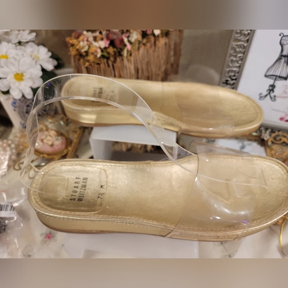 Stuart Weitzman Slides Sandals Gold With Clear Straps 7.5
