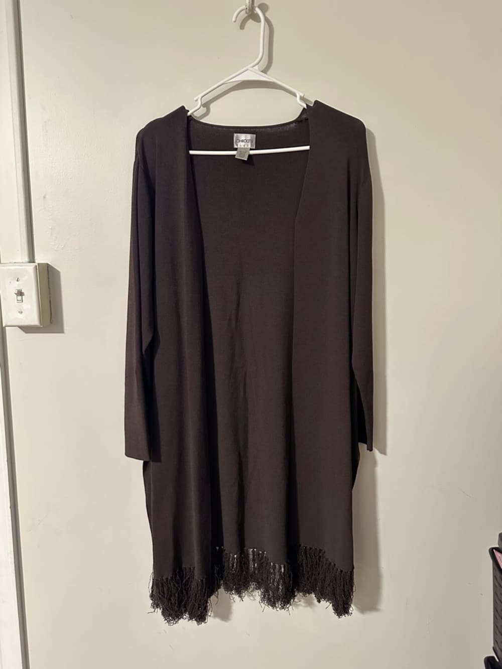 Chico’s long open front cardigan dark brown