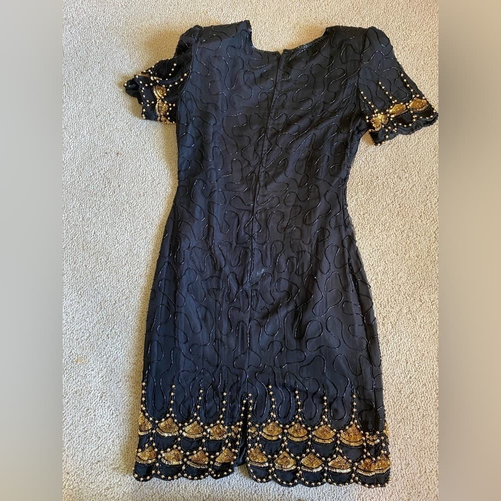 Vintage Laurence Kazar silk beaded dress black gold