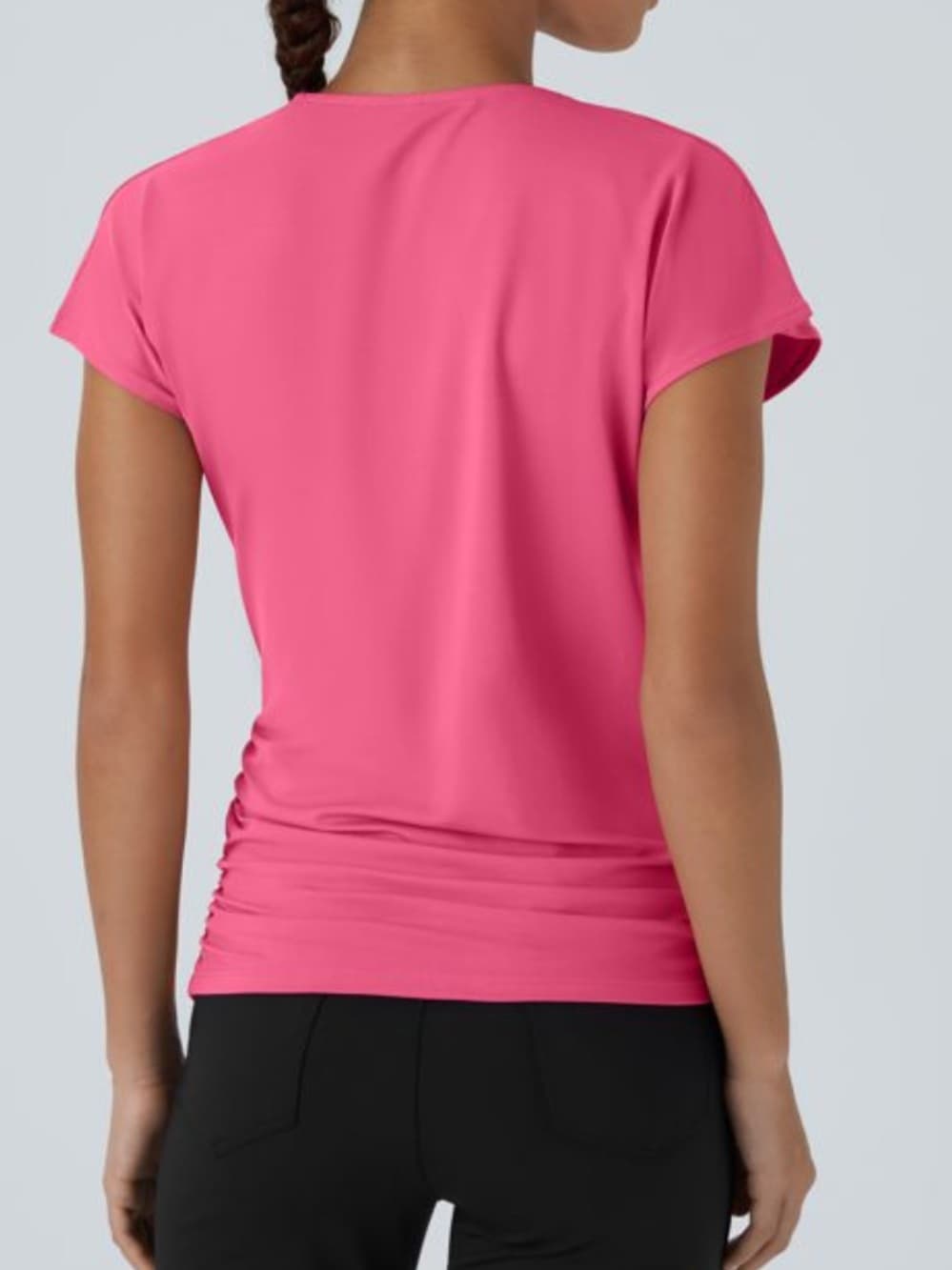 NWOT Halara V Neck Cap Sleeve Crossover Ruched Solid Work Blouse pink