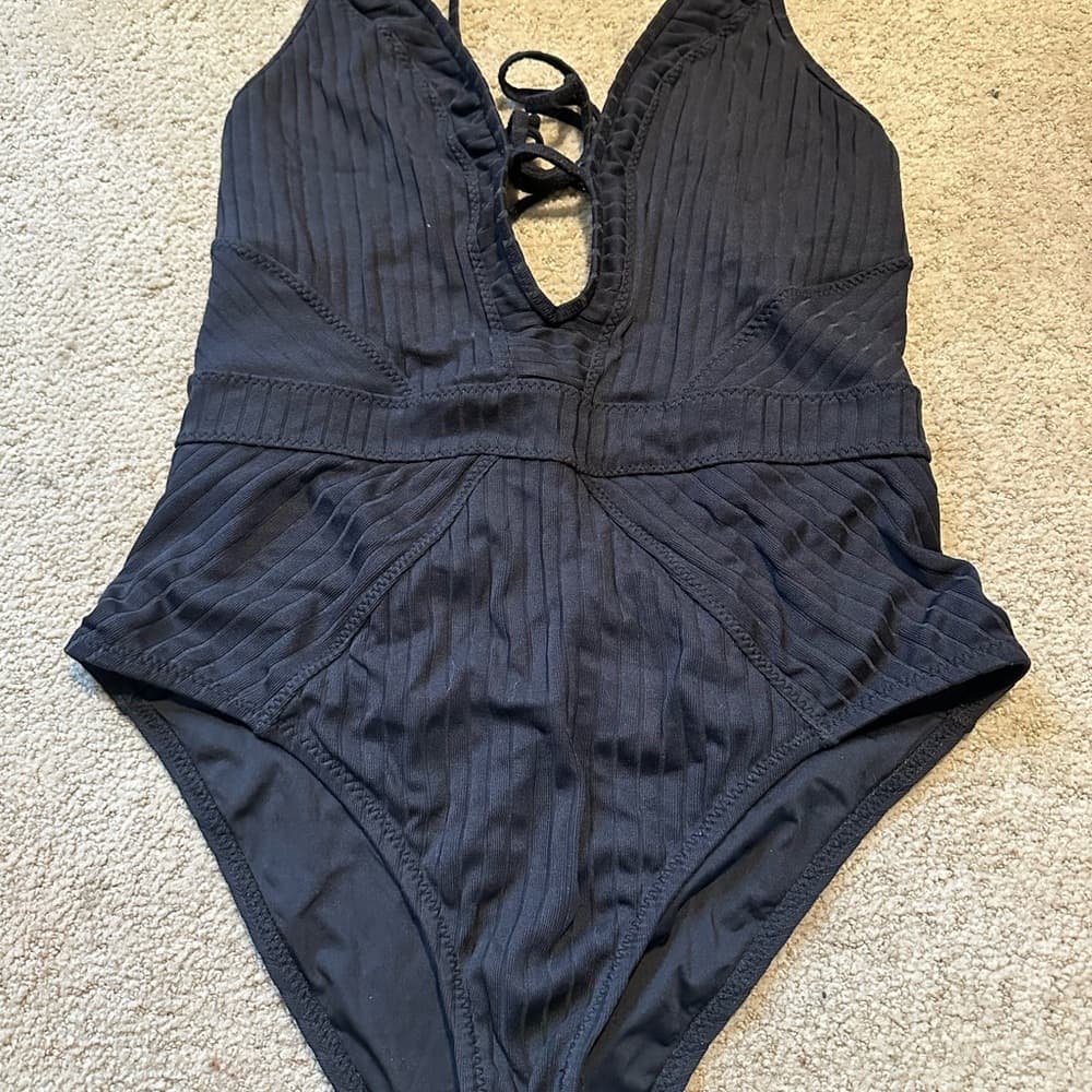 Becca Loreto plunge one piece swimsuit black