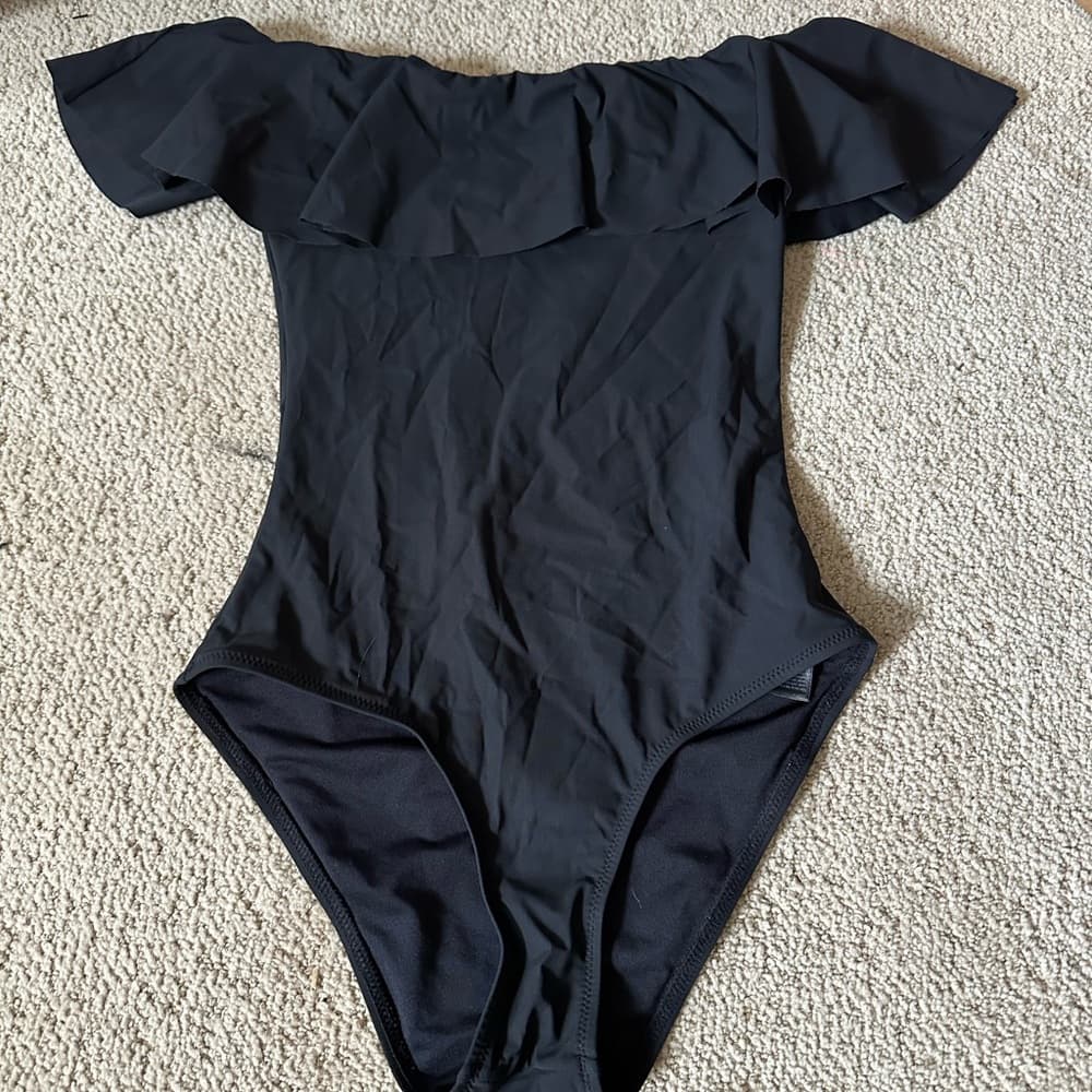 Topshop ruffle shoulder one piece swimsuit black