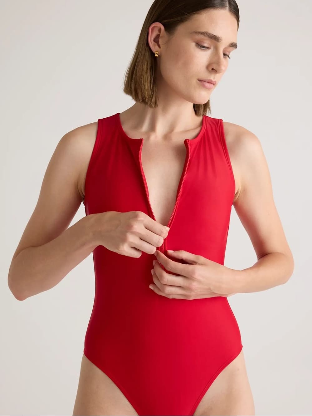 NWT Quince Italian Zip Front one piece swimsuit cherry