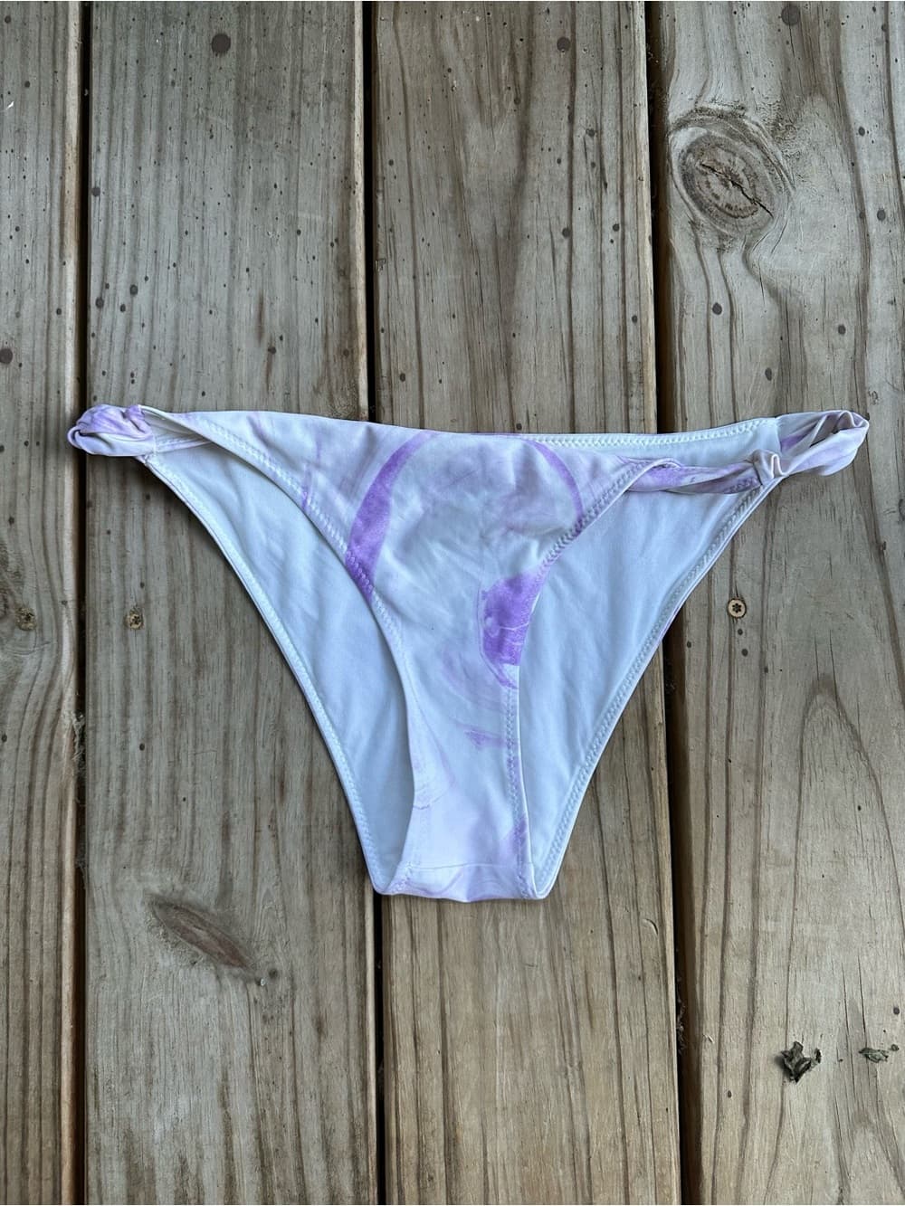 Ganni twisted tie dye bikini bottoms purple white
