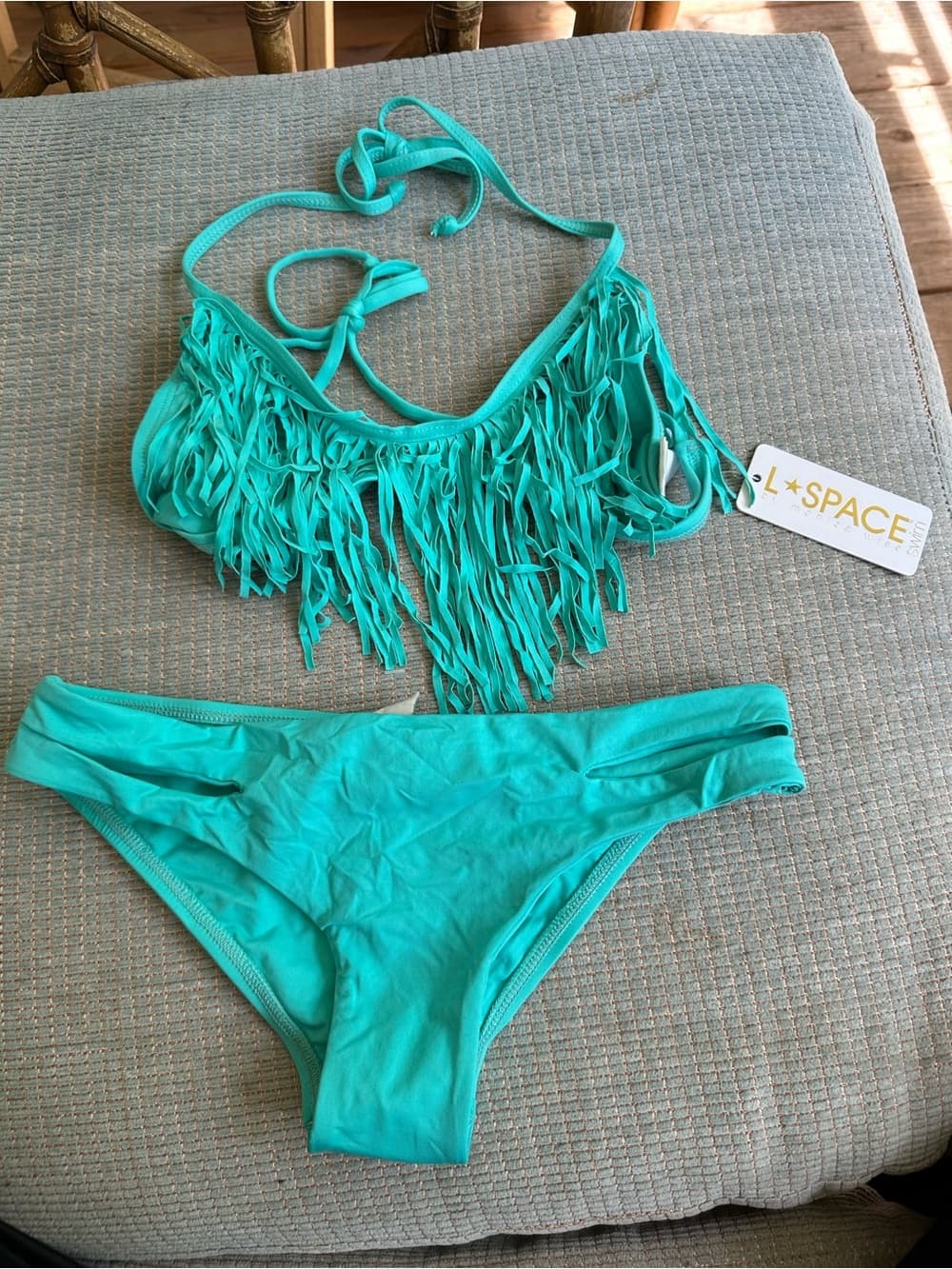 NWT L*Space Audrey Breakers fringe bikini set turquoise