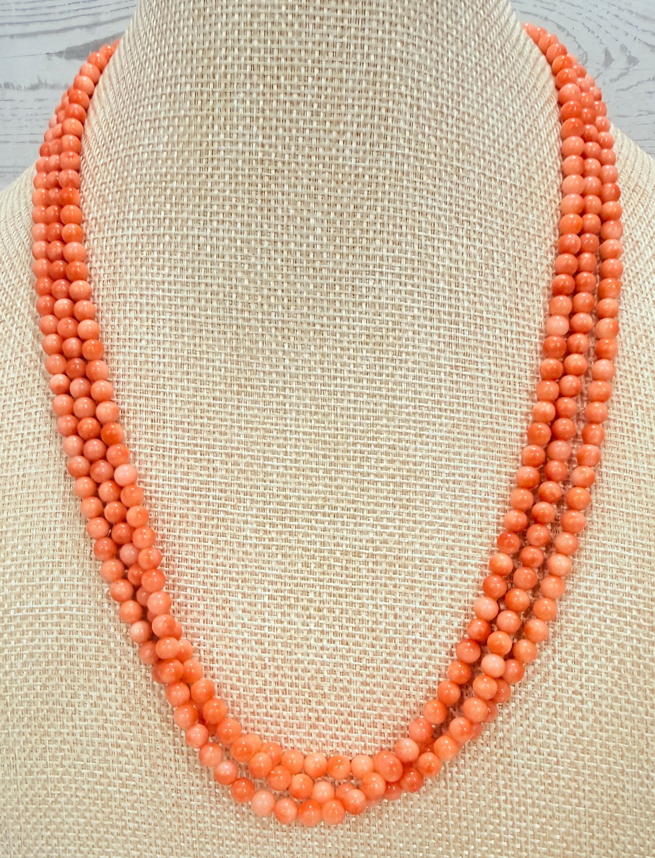 4F 1940s Salmon Coral Triple Strand Necklace Sterling Box Clasp
