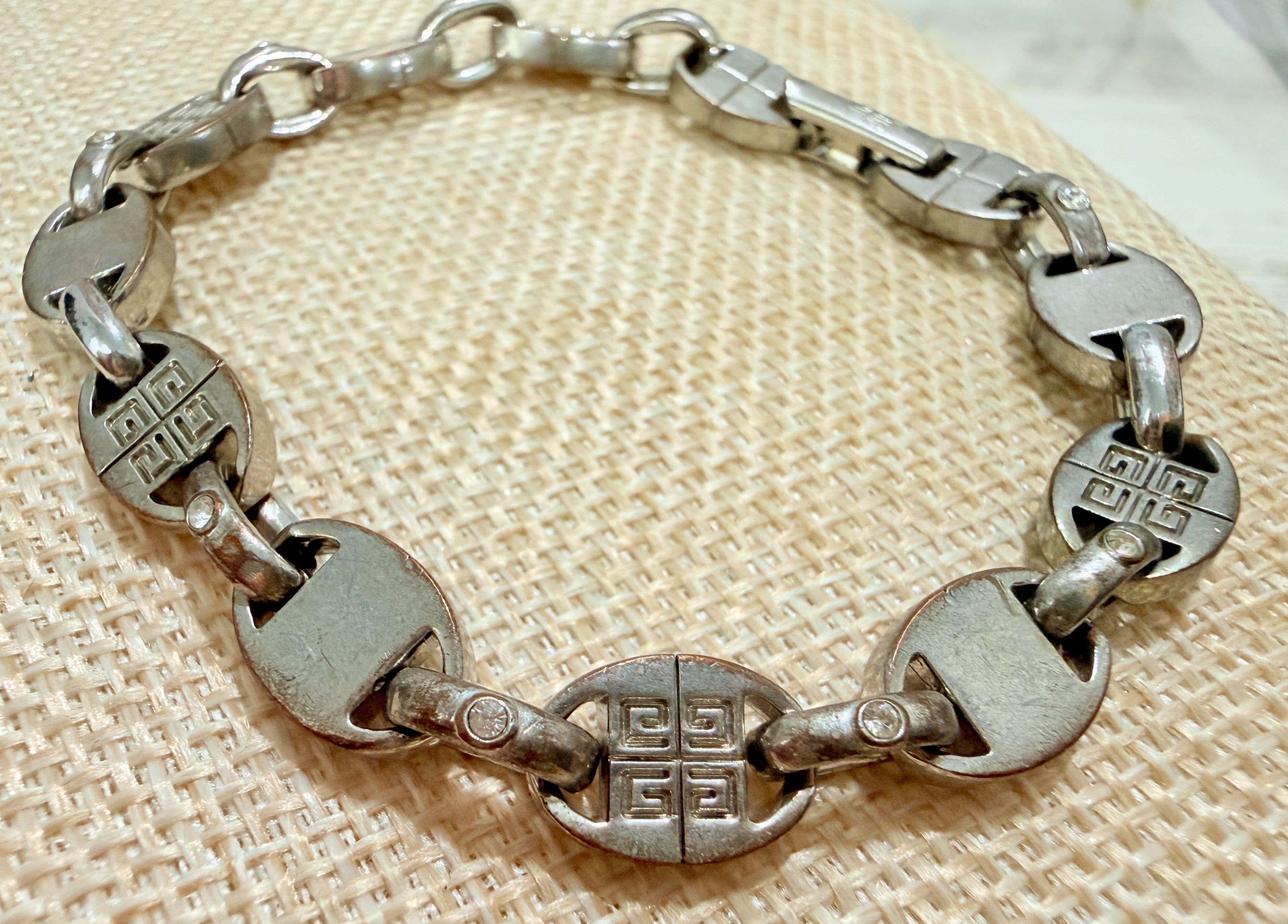2A. 1990s Givenchy Logo Link Silver Tone Rhinestone Bracelet