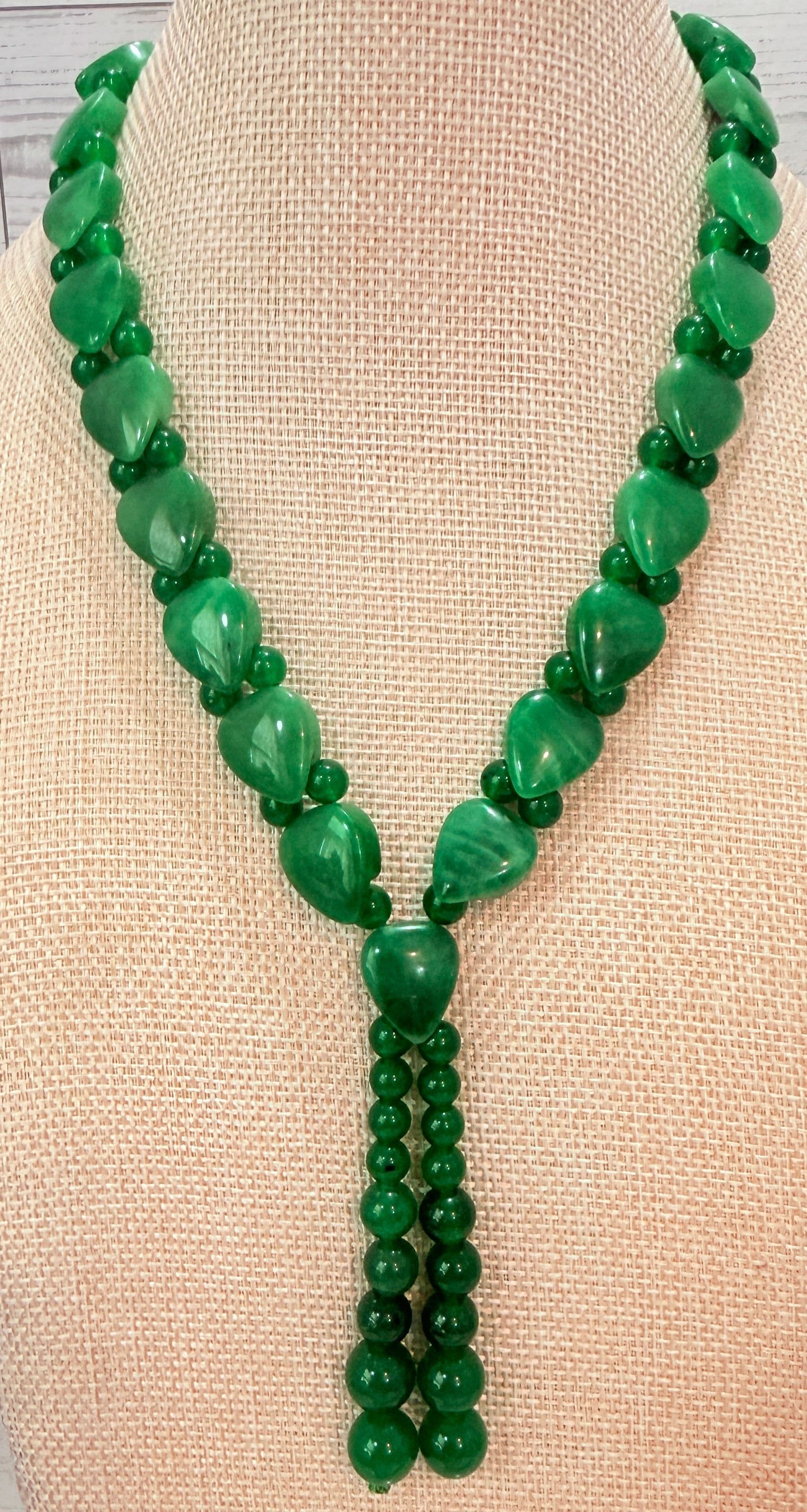 4H. 1950s Imperial Jade Tassel/Bolo Style Necklace