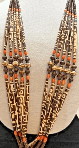 6U. 1850-1900 African Cow Batik Bone Beaded Ceremonial Necklace