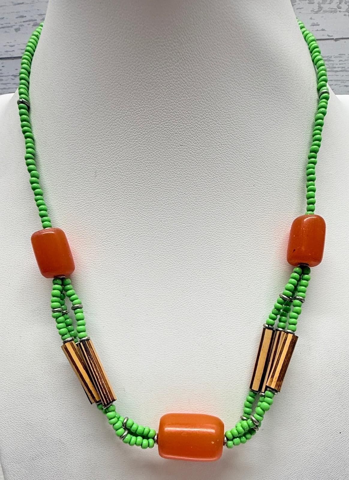 7B. Vintage 1950s African Copal Orange Amber Green Glass Wood Bead Necklace - pre-owned---excellent