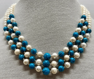 4O. Danbury Mint Triple Strand Freshwater Pearl & Blue Howlite Necklace