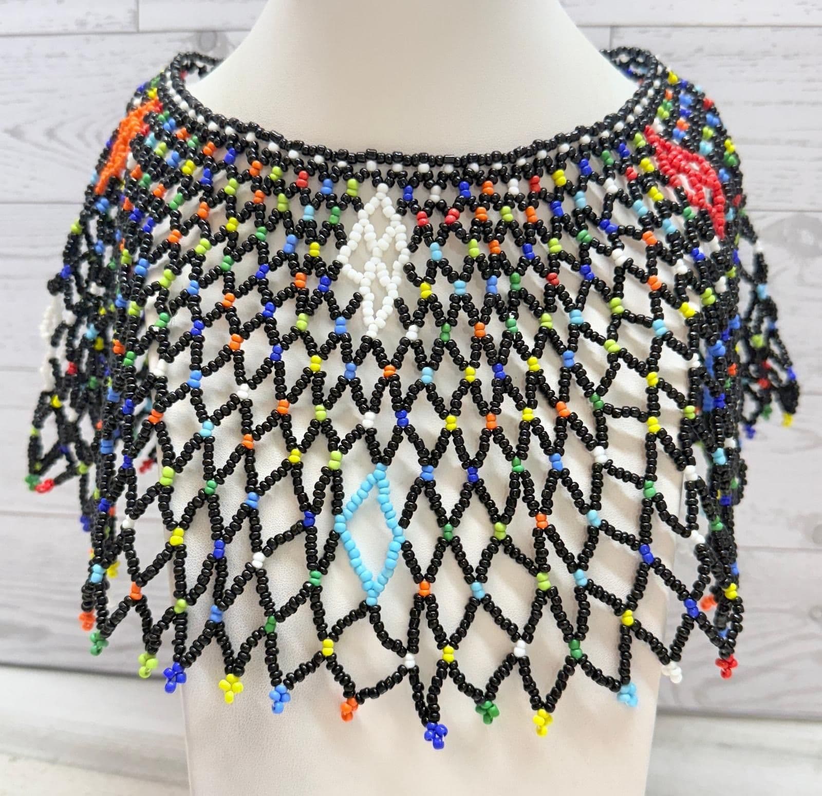 6S. Vintage 1970-90s African Zulu Tribal Glass Bead Bib Multicolor Handmade Collar