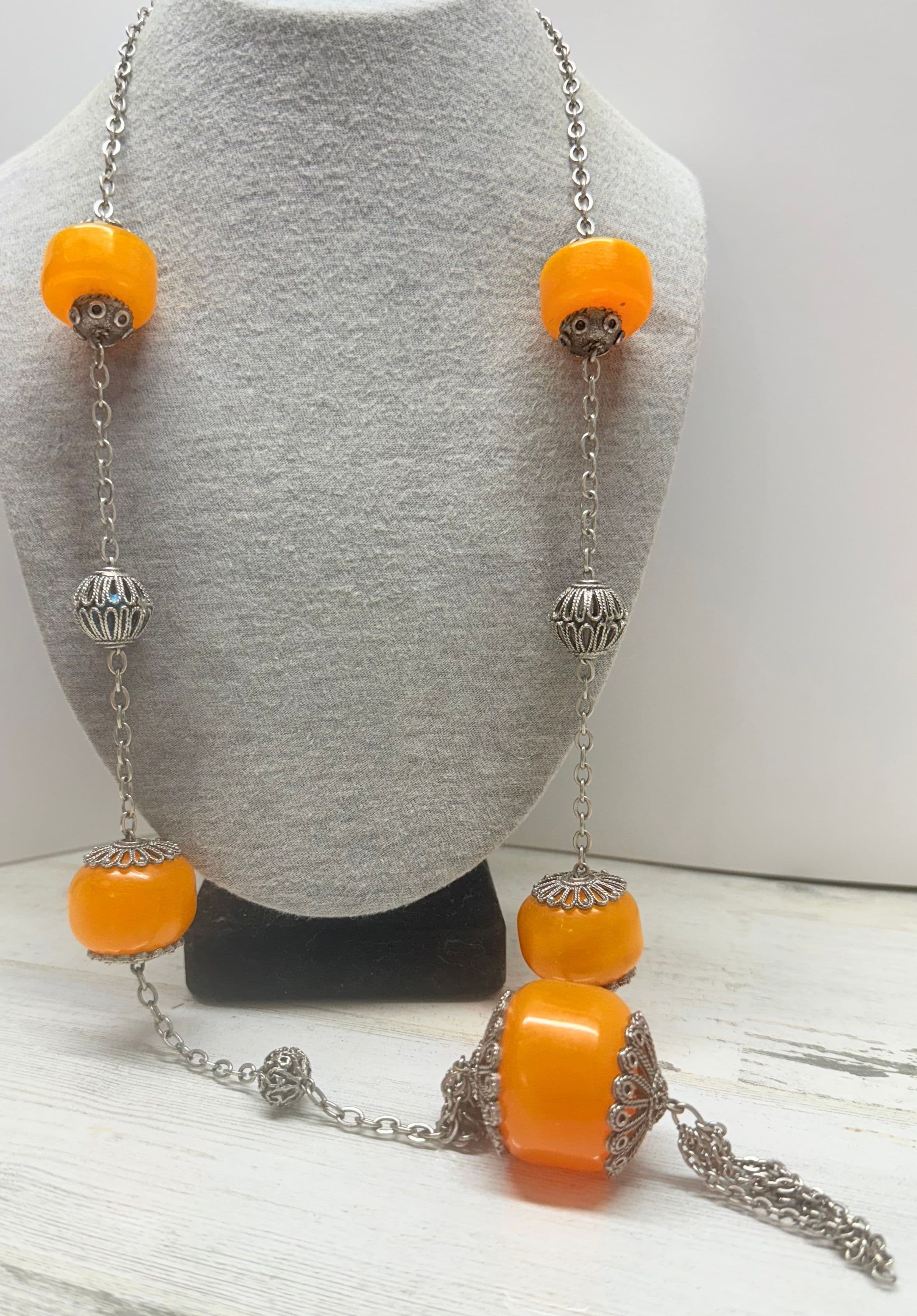 7A. Vintage 1960s Turkish Light Orange Copal Amber & Silver Tone Necklace