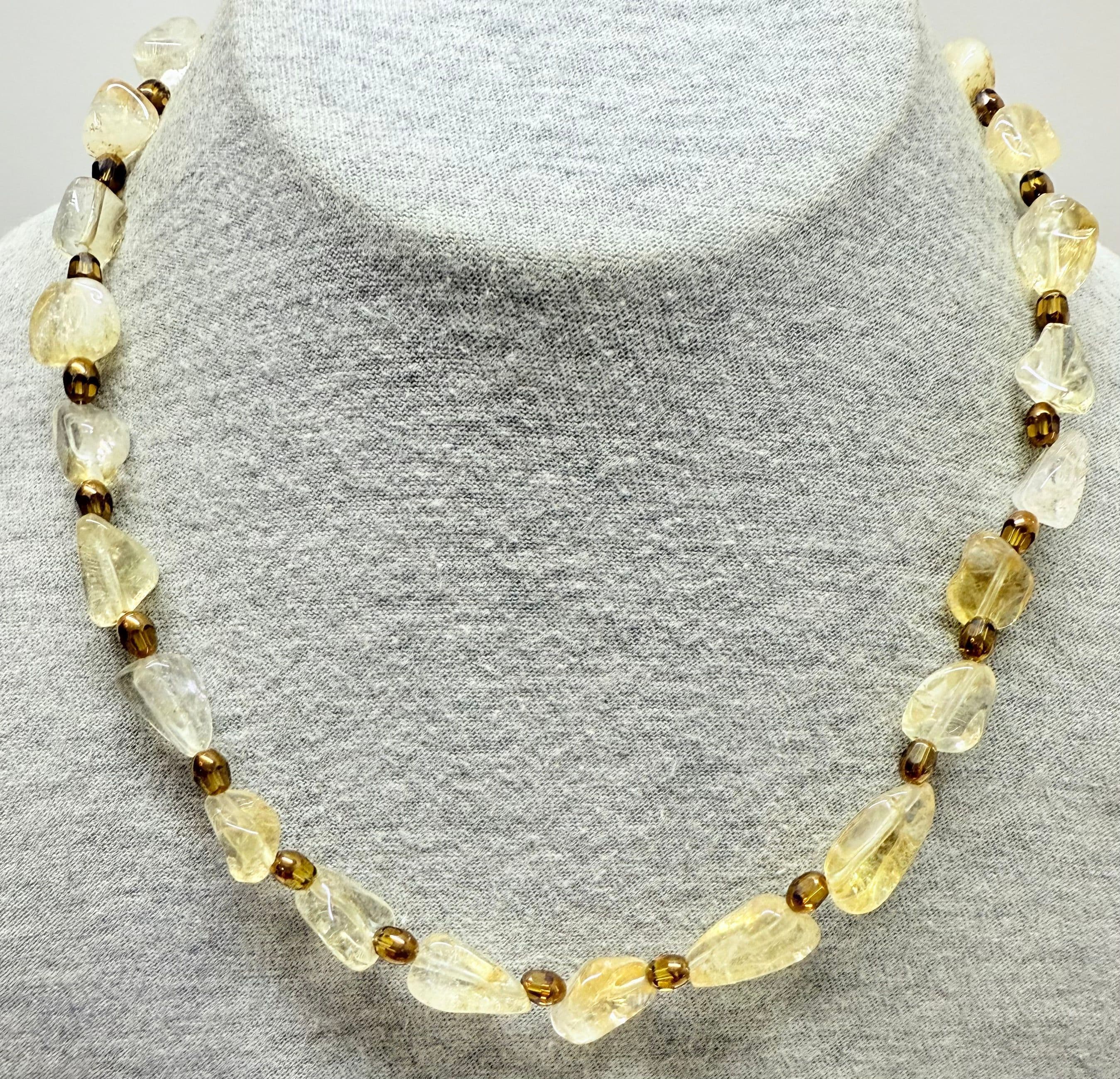 2P. Vintage 1940s Citrine Cabochon & Gold Glass Bead Necklace