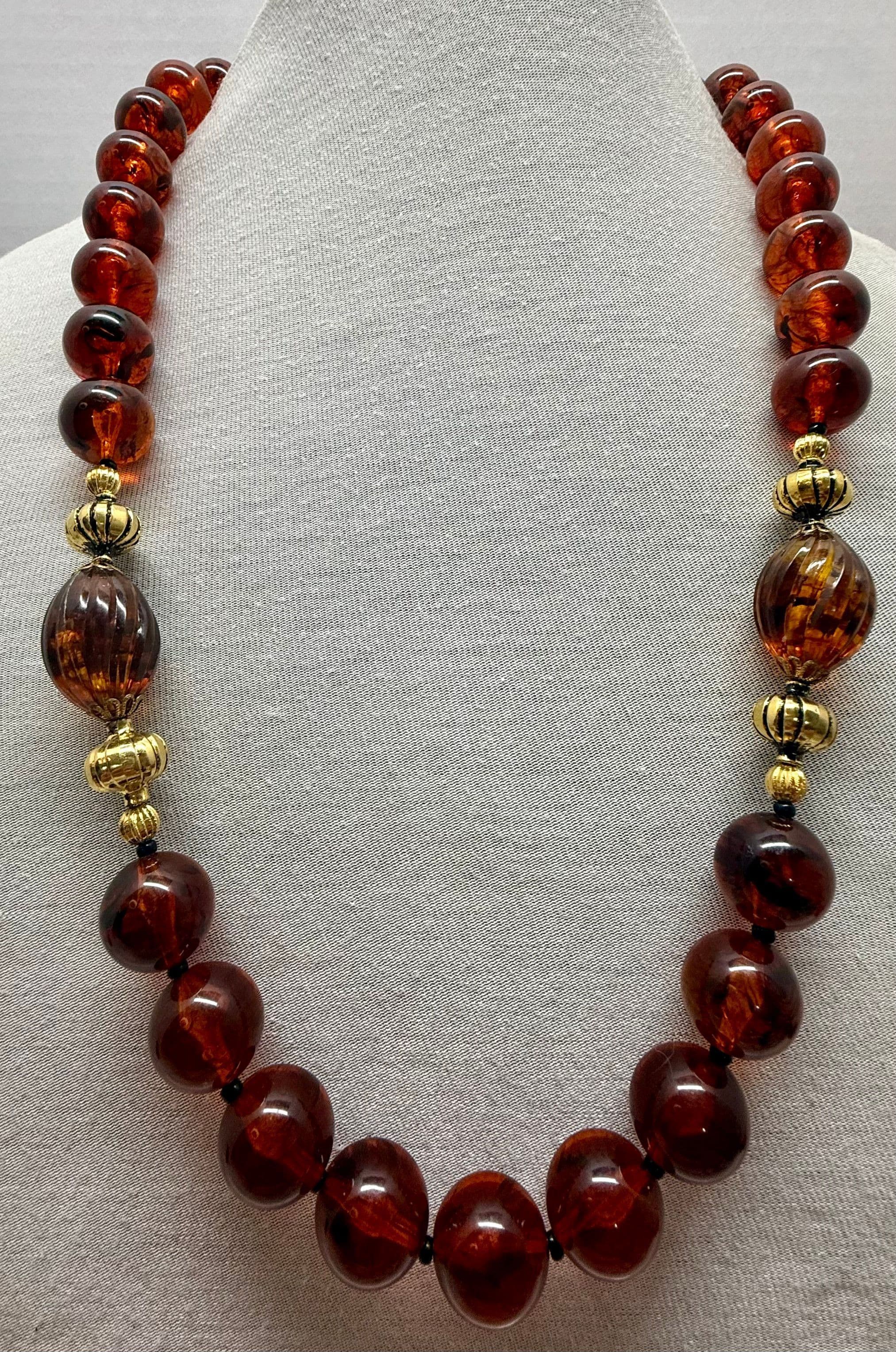 3C. Vintage 1980s Faux Amber Lucite Root Beer Ball Bead & Gold Tone Necklace