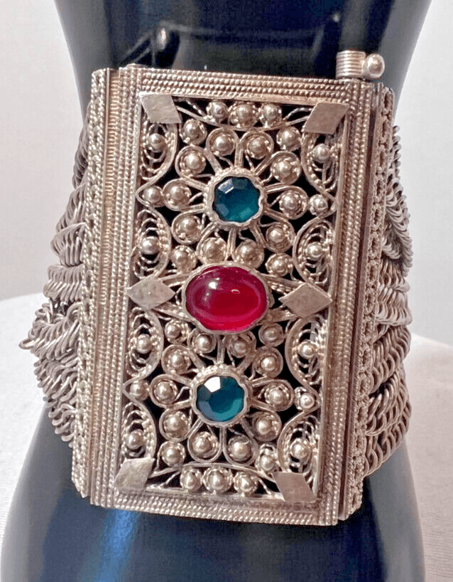 2D. Antique Pre-1790s Bosnian Wedding Bracelet Handmade 925 Red Green Paste Stones