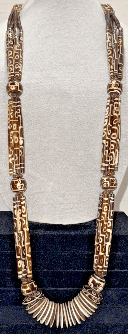 6G. Antique 1850-1900 African Cow Batik Bone Disc Bead Ceremonial Necklace 24" Long