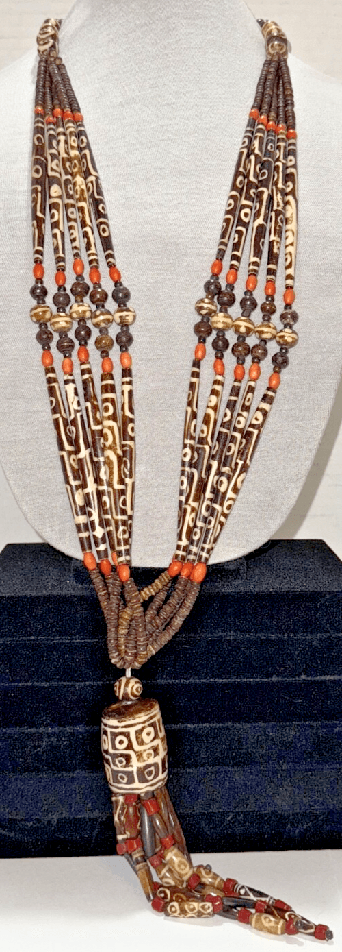 6H. Antique 1850-1900 African Cow Batik Bone Beaded Ceremonial Necklace 28" Long