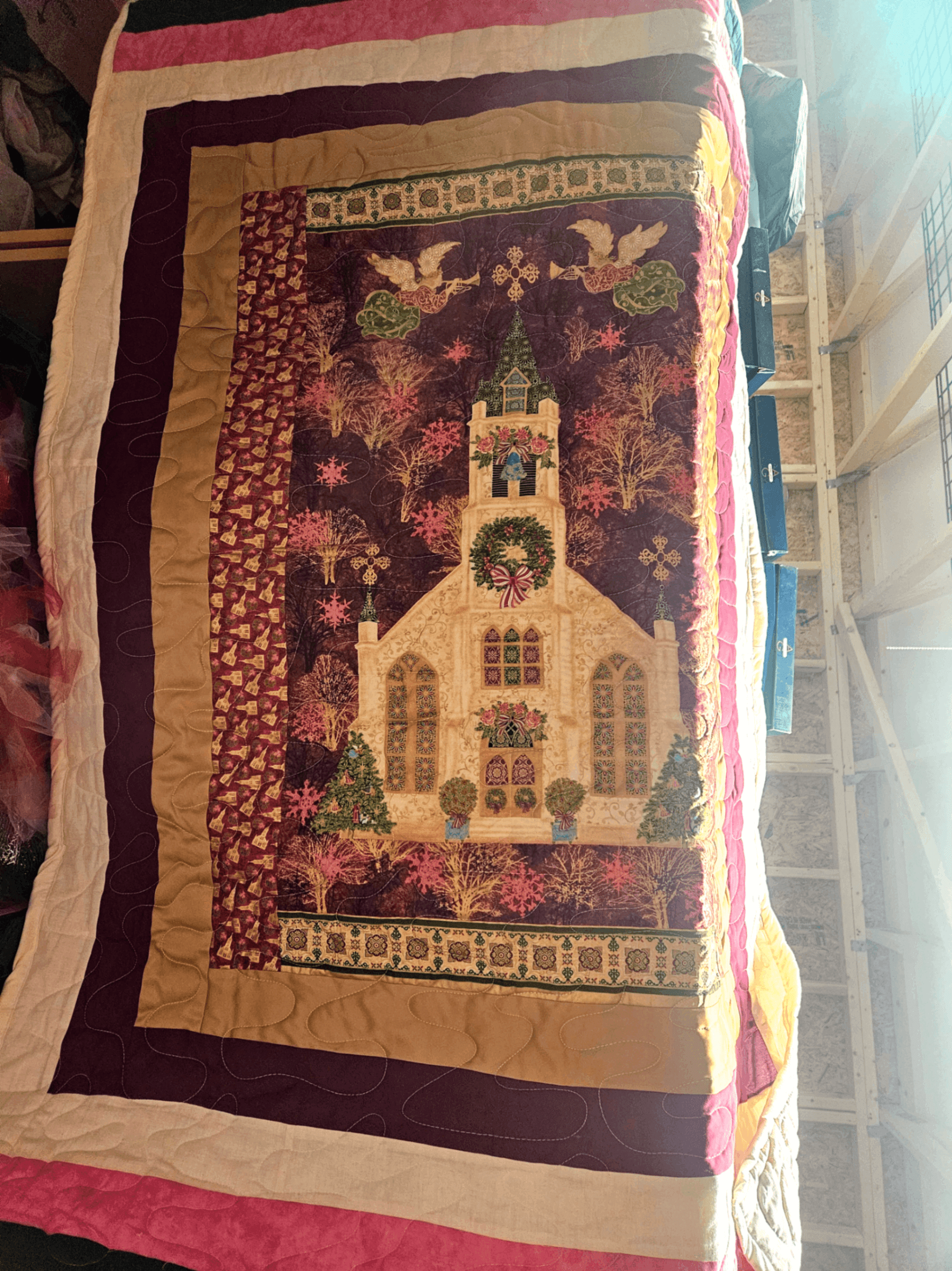 Colorful Patchwork Quilt with Church Design