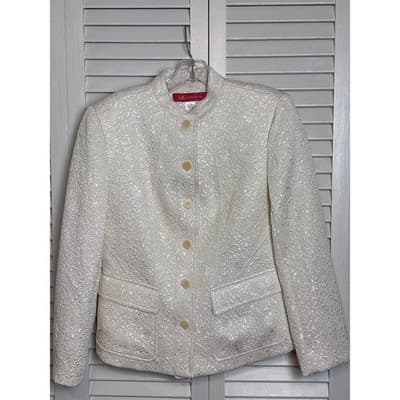 AK Anne Klein Blazer Jacket Ivory Slight Sheen Lined Textured Women's Size 6