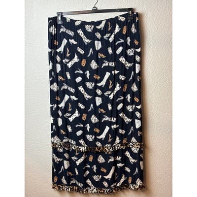 Cactus Flower Black Novelty Print Maxi Skirt Leopard Ruffle Hem Women's Size XL