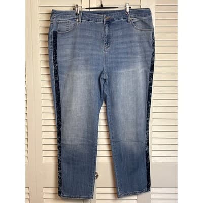 Chico's Blue Girlfriend Slim Leg Velvet Side Stripe Denim Jeans Women's Size 4R