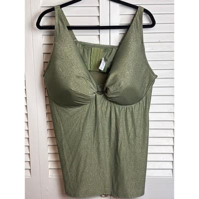 Lane Bryant Plunge Front Knot Tankini Green Shimmer Swim Top Women's Size 46DDD