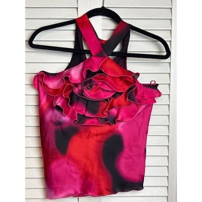 Express Pink Red Floral Ruffle Rosette Halter Neck Top Blouse Women's Size XS