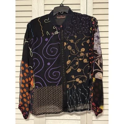 Sacred Threads Black Patchwork Boho Sheer Button Up Shirt Women's Size S/M