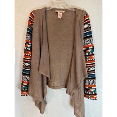 Flying Tomato Women's Medium Taupe Draped Cardigan Aztec Sleeve Boho Sweater Top