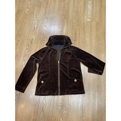 Y2K Jones NY Brown Velour Gold Zip Up Sweatshirt Size Large