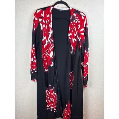 Hannah Red & Black Floral Cardigan Long Sleeve Open w/Side Slits Cozy Chic SZ XL