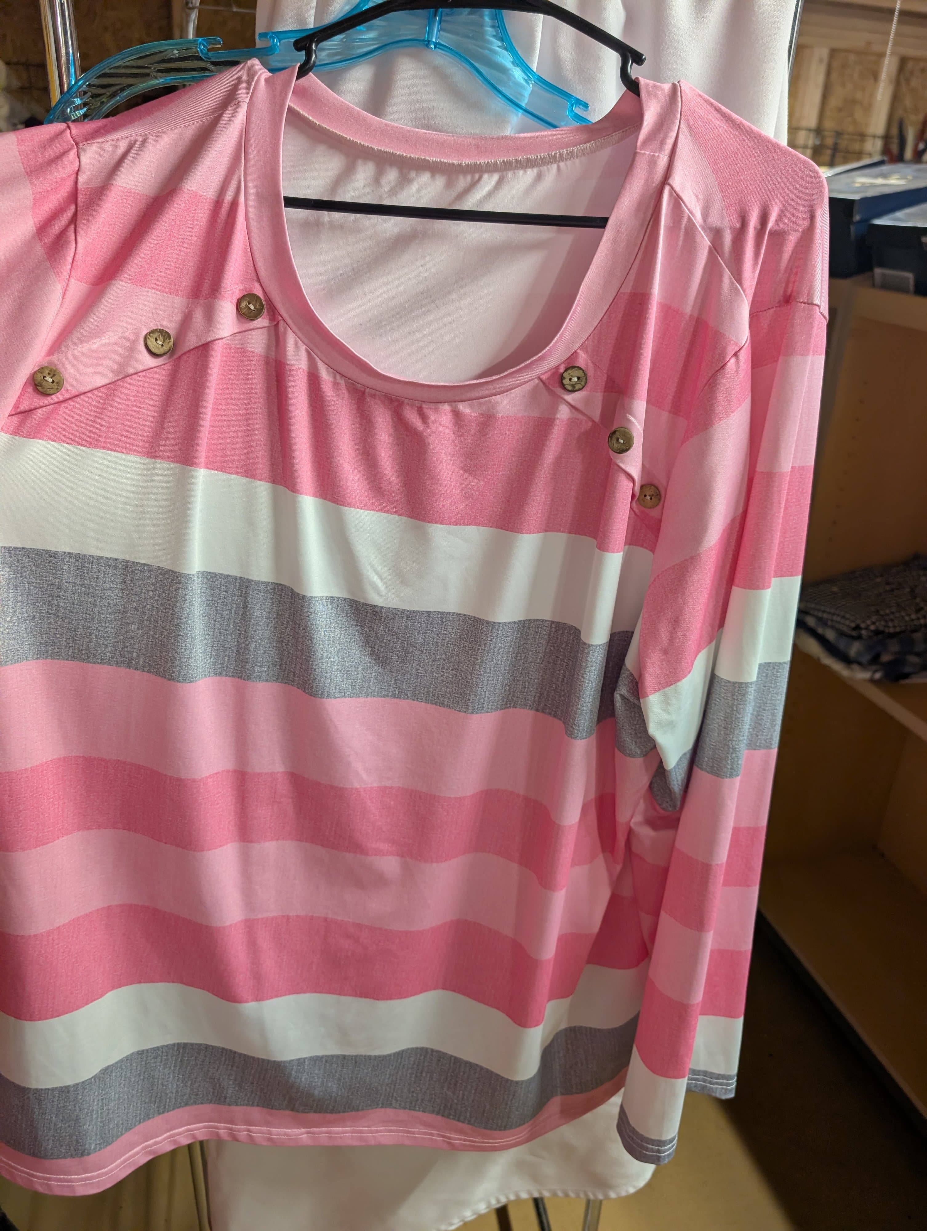 Striped Long Sleeve Top 5XL Pink Gray