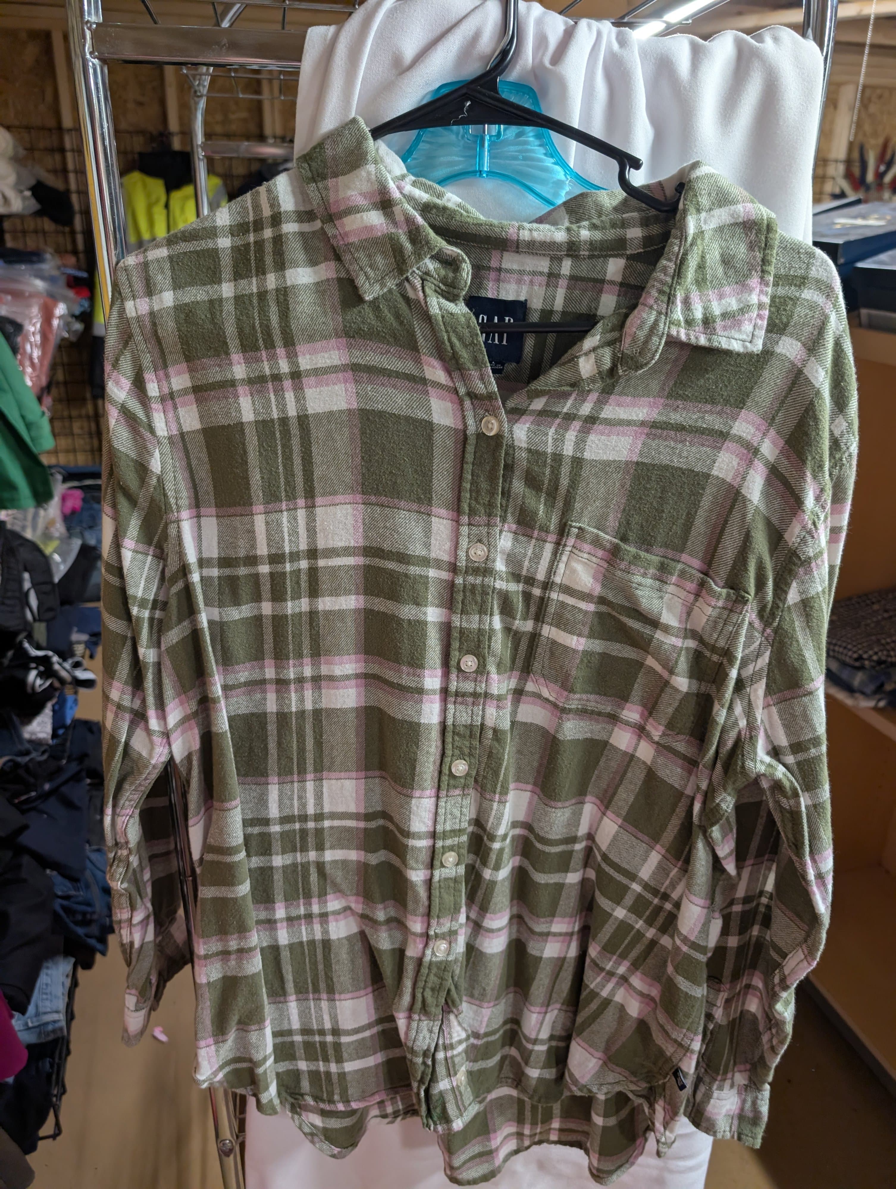 GAP Plaid Long Sleeve Shirt - Green/Pink, Women's