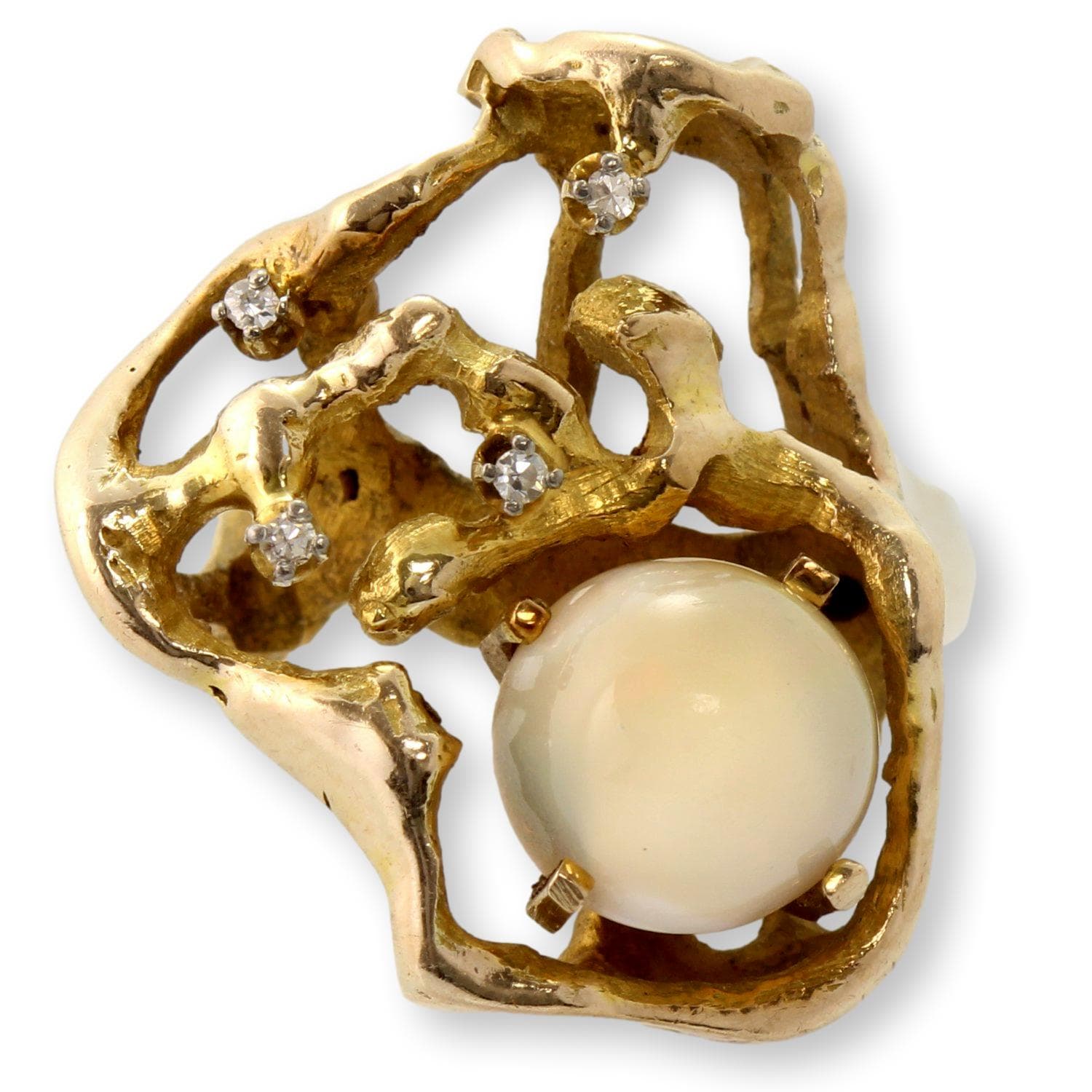 Vintage 14K Gold Natural Crystal Opal & Diamond Modernist Ring | Organic Freeform Design - Size 6