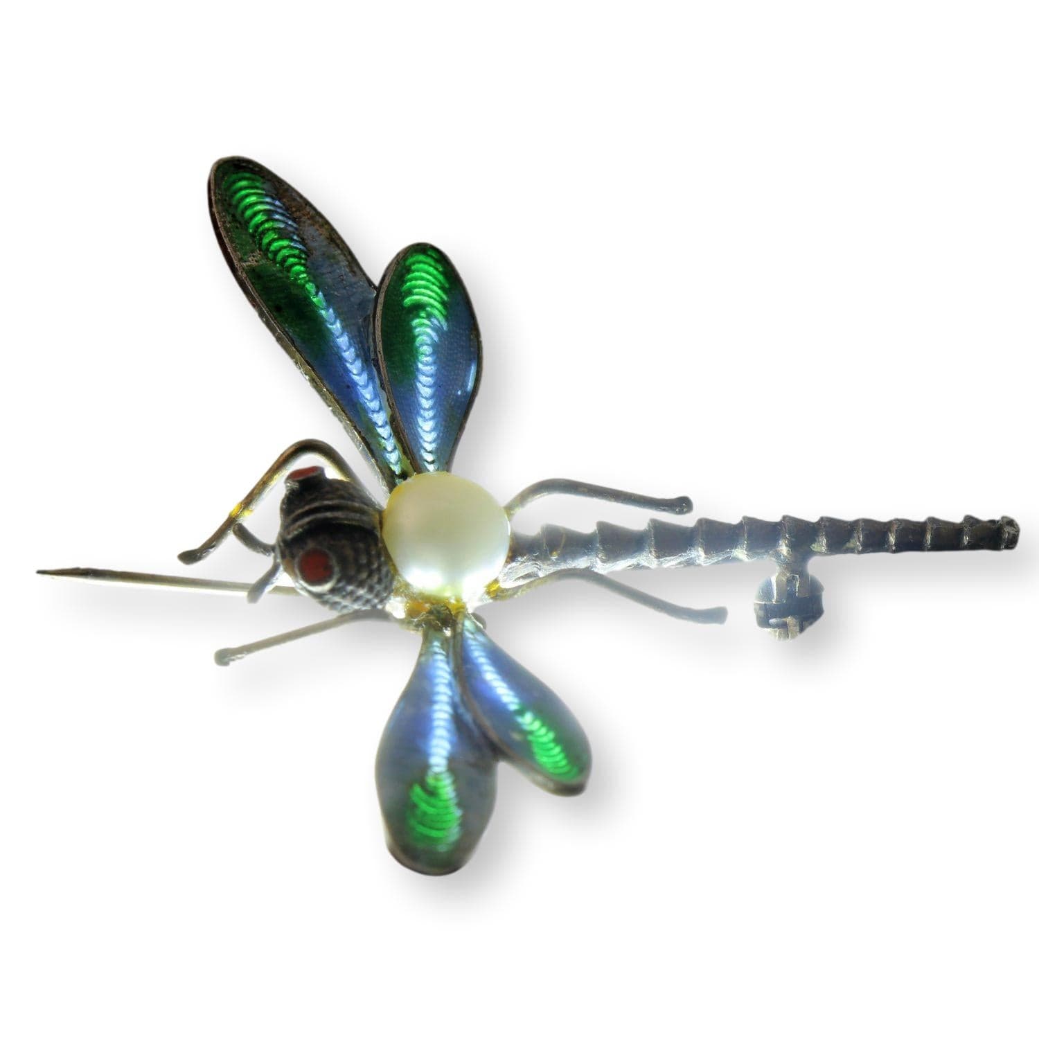 Italian Dragonfly Brooch | Coral, Pearl & Light-Transmitting Plique-à-Jour-Style Enamel - 2"(w) x 1.7"(l)
