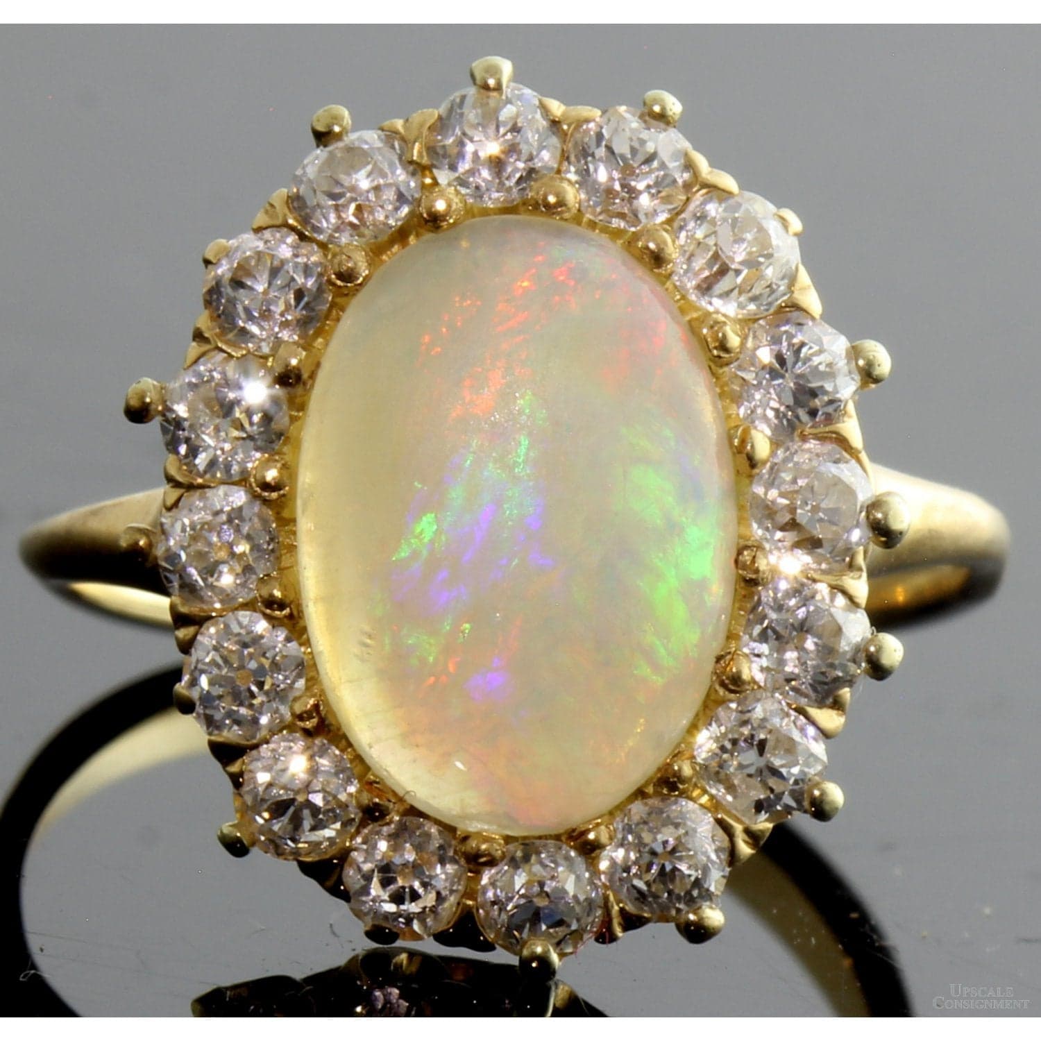 Antique 18K Crystal Opal & Old European Cut Diamond Halo Ring | Attributed to Spaulding & Co. - Size 6