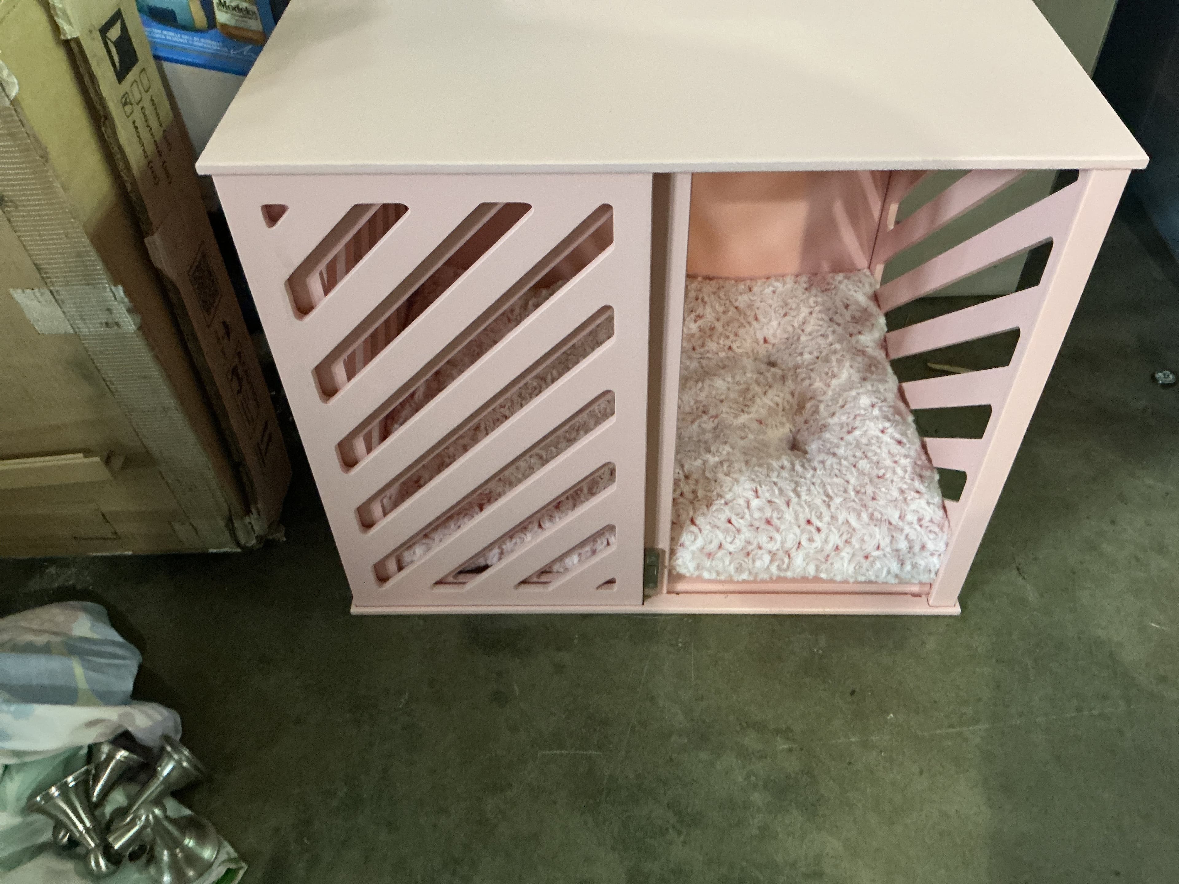 Pink Wooden Dog Crate with Cushion