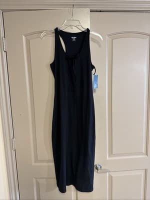 Wild Fable ButterBliss Black Racerback Midi Dress Keyhole Tie Neck Medium