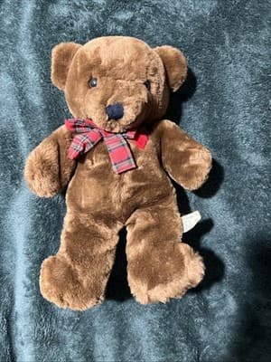 Vintage 1983 Dakin Baby Things Brown Teddy Bear Plush Red Heart Plaid Bow Sweet