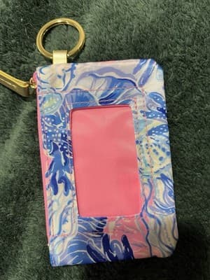 Lilly Pulitzer Pink and Blue Patterned Keychain Top Zip Coin Purse w/ Card Slot