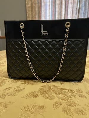 Loulu Large Quilted Tote Bag Purse 16x11x5 Faux Leather Chain Handles Black