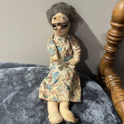 Vintage Cloth Doll Resembling An Elderly Woman with Floral Dress. 15 Inches Tall