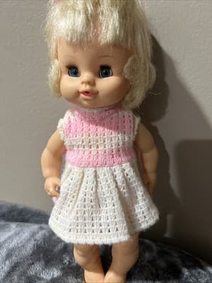Vintage 1960s-70s Hong Kong Doll Blond Pigtails Pink & White Crochet Dress 7"