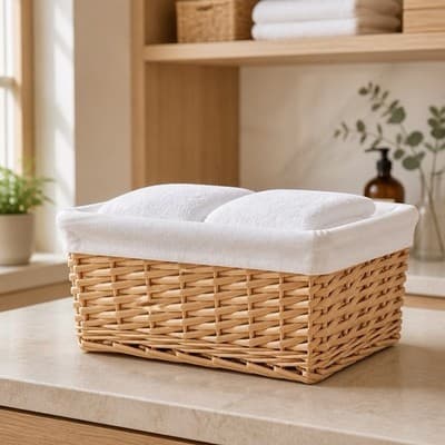 Decorative Wicker Basket with A White Fabric Lining and Bow. Great Condition.