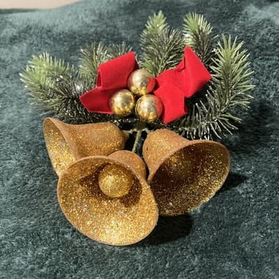 A Vintage Mid-century Glittered Gold Bell Christmas Decoration. Made In Germany