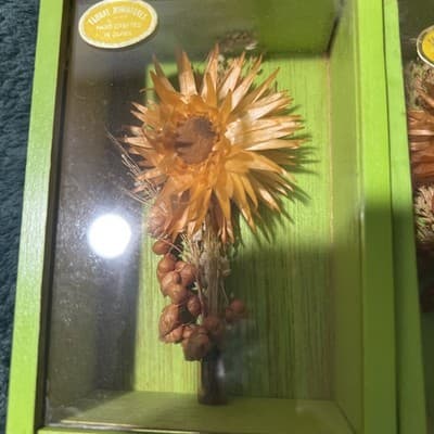 Two Modern Decorative Boxes Containing Dried Orange Flowers and Seed Pods. New